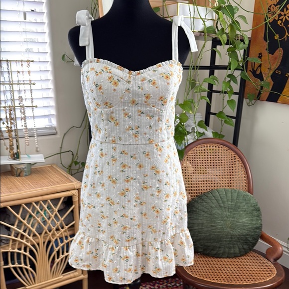 City Studio White Eyelet Yellow Floral Shoulder Tie Ruffle Hem Mini Dress - Picture 1 of 5